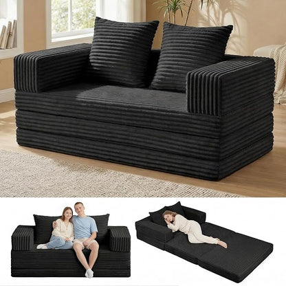 Convertible Sofa Bed, 4-in-1 Boneless Loveseat with Removable Armrests Backrest, Corduroy Futon Couch Bed with Pillow, Foldable Mattress Sleeper Sofa for Living Room Bedroom Small Place (Black)