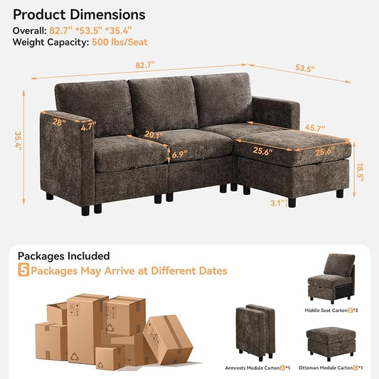 WUTUTUEE 83'' Modular Sectional Sofa Convertible L Shaped Couch Set for Living Room, 4 Seat Storage Modular Sofa with Movable Ottoman, Chenille Brown