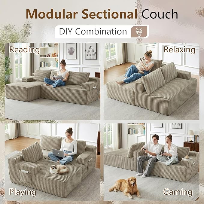 96" Cloud Sectional Couch with L-Shape Chaise, Modular Comfy Sofa Chaise Longue, Upholstered Corduroy Couches Sleeper with Deep Seat for Living Room Bedroom, No Assembly Required(Camel, Left Facing)