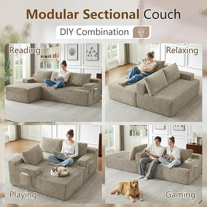 96" Cloud Sectional Couch with L-Shape Chaise, Modular Comfy Sofa Chaise Longue, Upholstered Corduroy Couches Sleeper with Deep Seat for Living Room Bedroom, No Assembly Required(Camel, Left Facing)
