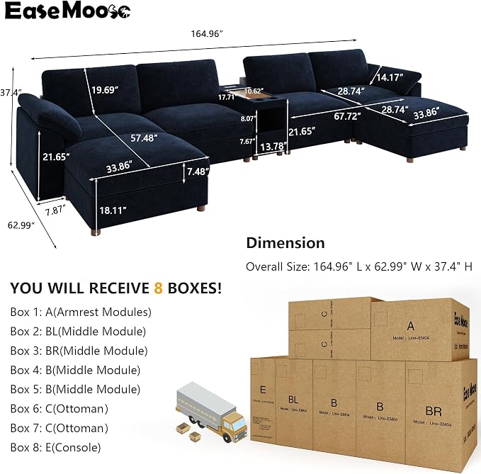EASE MOOSE Oversized U Shape Sectional Sofa,Blue Deep Seat Modular Sofa