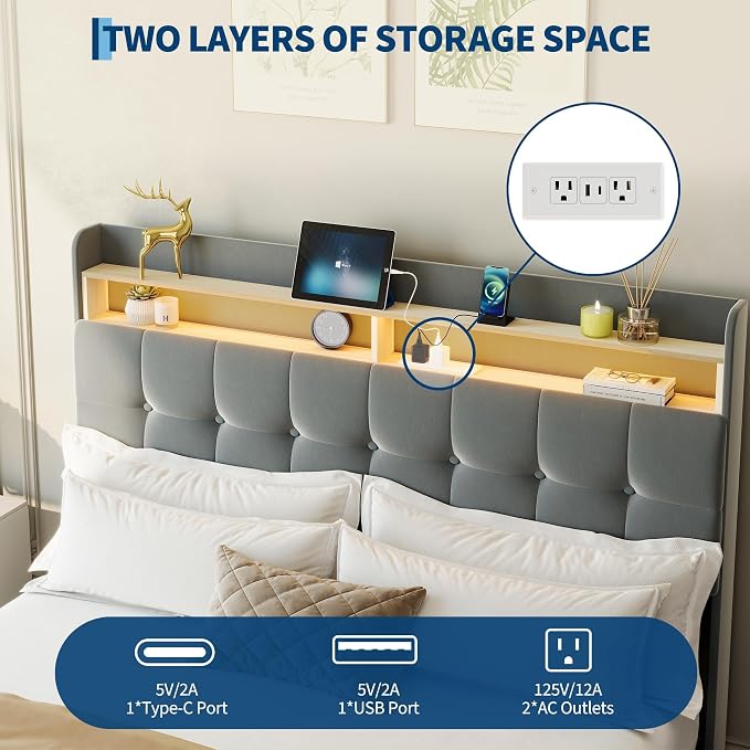 IDEALHOUSE Full Size Upholstered Bed Frame Fabric with Storage Drawers and LED Lights, Headboard and Frame for Cozy Bedroom Sets Upgrades
