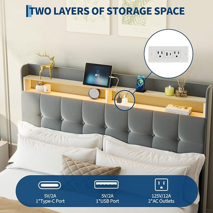 IDEALHOUSE Queen Size Upholstered Bed Frame Fabric with Storage Drawers and LED Lights, Headboard and Frame for Cozy Bedroom Sets Upgrades