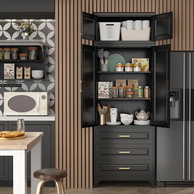SteeLoong 90" Kitchen Pantry Cabinet with 3 Drawers,Metal Storage Cabinets with Doors and 4 Adjustable Shelves,Black Kitchen Cabinet with 2 Gold Handles,Food Cupboard for Livingroom, Bathroom,Pantry