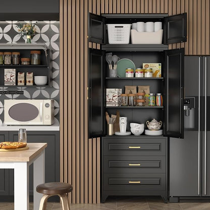SteeLoong 90" Kitchen Pantry Cabinet with 3 Drawers,Metal Storage Cabinets with Doors and 4 Adjustable Shelves,Black Kitchen Cabinet with 2 Gold Handles,Food Cupboard for Livingroom, Bathroom,Pantry