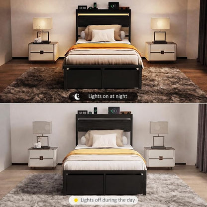 Twin Bed Frames with Drawers, Platform Bed with LED Lights & Charging Station, Wood Headboard, Strong Metal Slats Support, No Box Spring Needed, Noise Free, Easy Assembly