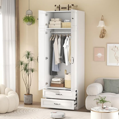 Armoire Wardrobe Closet with 2 Drawers: 88" White Bedroom Closet, Wood Wardrobe Closets with 2 Doors, Tall Armoire Cabinet and Storage Shelves for Clothing (31")