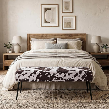 DUHOME Velvet Bench Ottoman, Upholstered Bedroom Benches Cow Print End of Bed Bench with Black Metal Base for Entryway Dining Room Living Room Bedroom, Brown