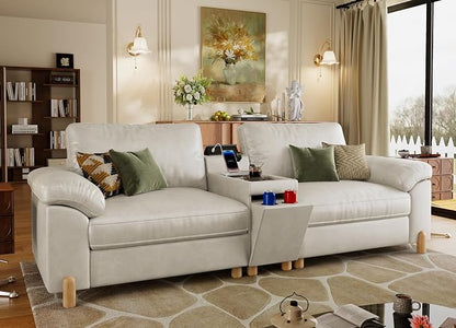 SITJOY Large Cloud Couch, 100" Wide Loveseat Sofa, Faux Leather in White | Pet-Friendly Scratch-Resistant Leather Sectional Sofas for Living Room, Deep Seat Wide Couch with Cuphoders