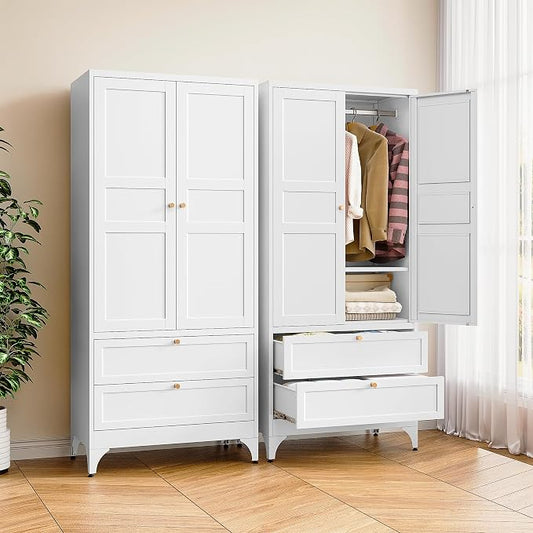BYNSOE Metal Armoire Wardrobe Closet with 2 Drawers 72'' Wardrobe Cabinet with Drawers and Hanging Rail Metal Closet with Adjustable Shelves for Bedroom. (White, with 2 Drawers)