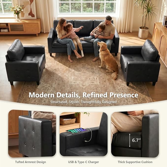 STHOUYN 73” Black Faux Leather Sofa Couch, Modern Comfy Office 3 Seater Couch Loveseat with Tufted Armrest and USB, Small Love Seat Couches for Living Room, Bedroom, Apartment