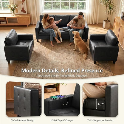 STHOUYN 73” Black Faux Leather Sofa Couch, Modern Comfy Office 3 Seater Couch Loveseat with Tufted Armrest and USB, Small Love Seat Couches for Living Room, Bedroom, Apartment