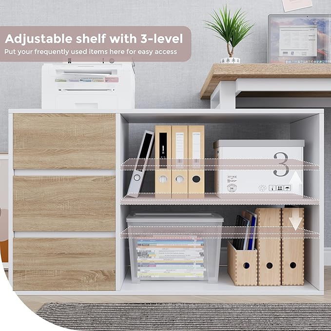Home Office Computer Desk Corner Desk with 3 Drawers and 2 Shelves, 53-inch L-Shaped Study Desk with Storage, White + Walnut