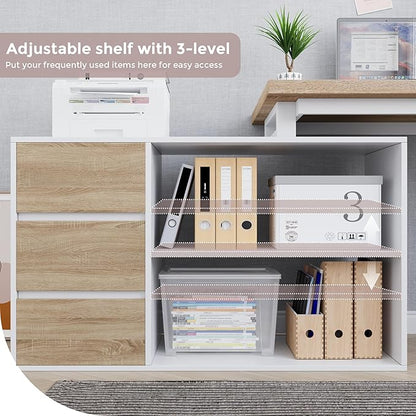 Home Office Computer Desk Corner Desk with 3 Drawers and 2 Shelves, 53-inch L-Shaped Study Desk with Storage, White + Walnut