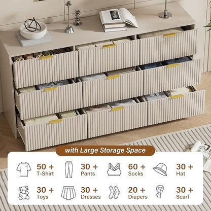 Furniway 3 Piece Bedroom Set, 9 Drawer Dresser and Nightstand Set of 2 with Gold Handles, Modern Wood Chest of Drawers Storage Cabinet for Bedroom, Beige