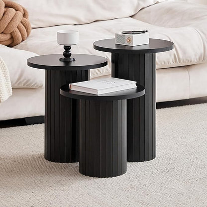 Round Side Tables Set of 3, Circle Modern Fluted Nesting Coffee Table, Accent End Table Set for Living Room and Bedroom, Black