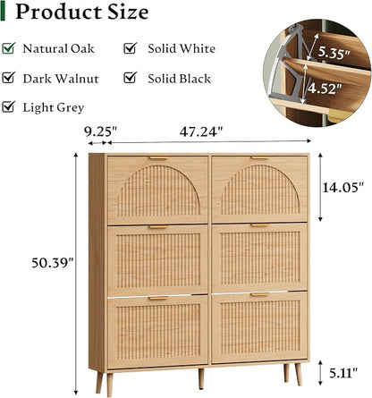 Xixini Shoe Storage Cabinet with 6 Flip Drawers, 50" Tall Narrow Wood Fluted Shoe Organizer for Entryway, Freestanding Wooden Hidden Slim Shoe Rack for Front Door Entrance, Hallway, Foyer, Natural Oak