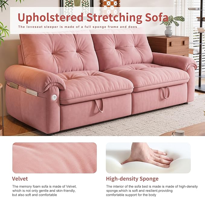 77.2'' Pull Out Couch Full Size, Pre-Assembled Sleeper Sofa Bed, Flannel Convertible Futon Sofa Bed with Adjustable Backrest, USB, Side Pockets, Loveseat for Living Room, Apartment, Pink