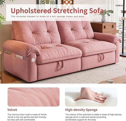 77.2'' Pull Out Couch Full Size, Pre-Assembled Sleeper Sofa Bed, Flannel Convertible Futon Sofa Bed with Adjustable Backrest, USB, Side Pockets, Loveseat for Living Room, Apartment, Pink