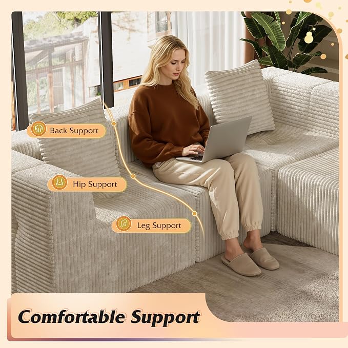WLIVE 108'' Cloud Sectional Couches for Living Room, Modular Boneless Couch with Facing Chaise, L Shape Memory Foam Corduroy, with Ottoman, Greyish Beige