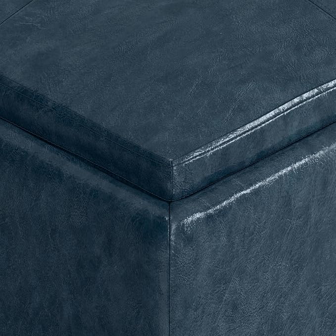 SIMPLIHOME Avalon 35 inch Wide Contemporary Square Coffee Table Storage Ottoman in Denim Blue Vegan Faux Leather, Assembled, For the Living Room and Bedroom