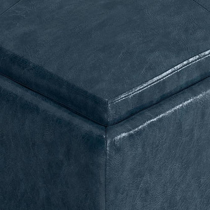 SIMPLIHOME Avalon 35 inch Wide Contemporary Square Coffee Table Storage Ottoman in Denim Blue Vegan Faux Leather, Assembled, For the Living Room and Bedroom
