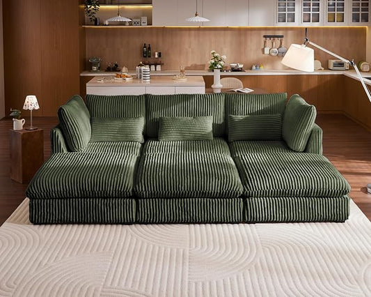 115" Oversized Corduroy Couch Modular Sectional Sofa, Washable Cloud Couch Sectional with 3 Ottoman, 6 Seater Sectional Couches for Living Room, Fully Cover Removable, Sleeper Sofa, Corduroy, Green