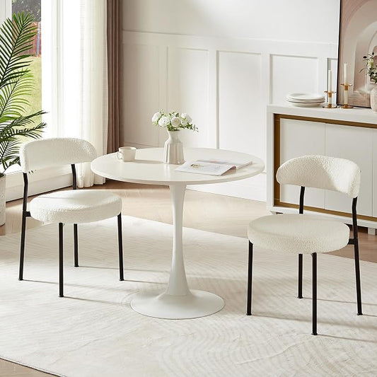 SoarFlash Dining Chairs, Beige Boucle Dining Chairs Set of 2, Kitchen Dining Room Chairs Curved Backrest Upholstered Mid Century Modern Chairs with Black Metal Legs