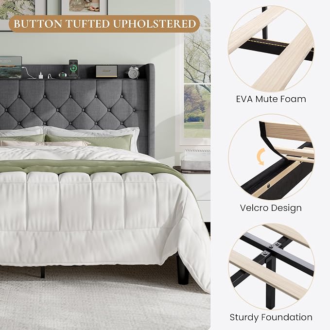 SHA CERLIN Full Size Platform Bed Frame with Charging Station, Linen Wingback Headboard with Storage Shelf, Wooden Slats Support, Ample Under-Bed Space, No Box Spring Needed, Easy Assembly, Dark Grey