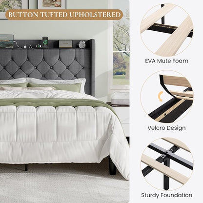 SHA CERLIN Full Size Platform Bed Frame with Charging Station, Linen Wingback Headboard with Storage Shelf, Wooden Slats Support, Ample Under-Bed Space, No Box Spring Needed, Easy Assembly, Dark Grey
