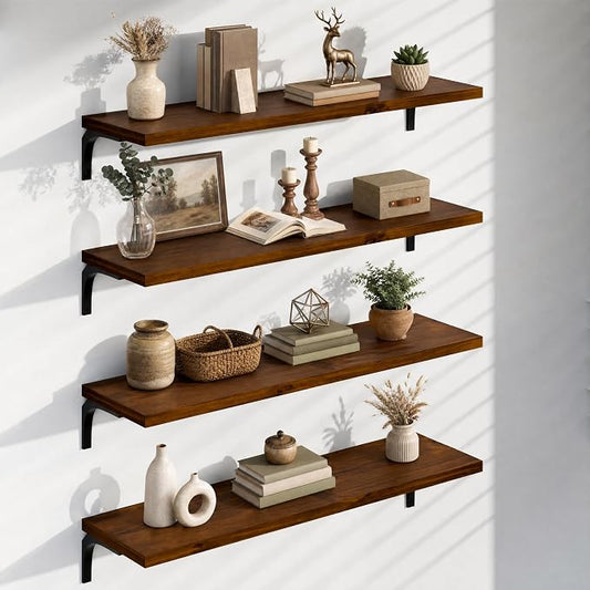12 Inch Deep Floating Shelves Set of 4, 48 Inch Extra Wide Walnut Solid Wood Wall Shelves, 4ft Heavy Duty Farmhouse Wall Mounted Shelving for Kitchen, Living Room & Bedroom