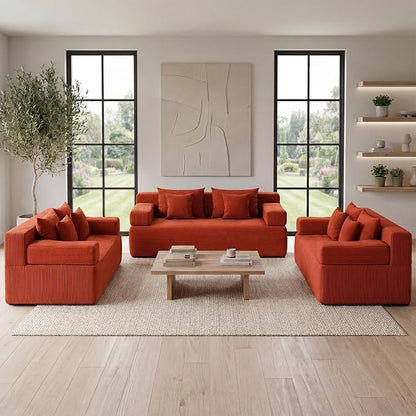 MONVANE 3-Piece Boneless Loveseat Couch Set for Living Room, Oversized Modular Sectional Sofa Set with Removable Armrests, Comfy Corduroy Cloud Couch with 12 Pillows, No Assembly Required, Terracotta