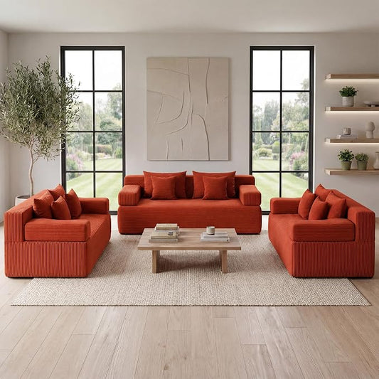 MONVANE 3-Piece Boneless Loveseat Couch Set for Living Room, Oversized Modular Sectional Sofa Set with Removable Armrests, Comfy Corduroy Cloud Couch with 12 Pillows, No Assembly Required, Terracotta