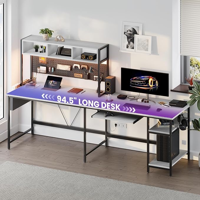 DUMOS 67" L Shaped Gaming Desk, Corner Desks for Compact Spaces with Keyboard Tray & Storage Shelf,Reversible Computer Desk with LED Lighting,Metal Frame PC Gaming Table for Home Office, White