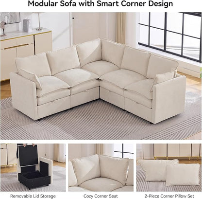 80" Beige Modular Storage Sofa, V Shaped Chenille Cloud Couch with Armrest | Oversized Convertible Sectional Sofa, 5-Seat Sectional Couch With Armrests, Large Cloud Couch For Living Room, Apartment.