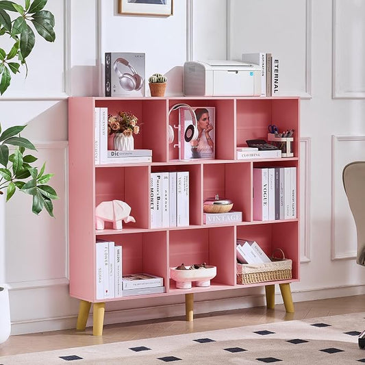 LEYAOYAO 10 Cube Bookshelf,3 Tier Modern Wide Bookcase with Legs,Mid-Century Wood Bookshelves Storage,Light Pink Large Book Case,Freestanding Organizer Display Shelf for Bedroom,Living Room,Office