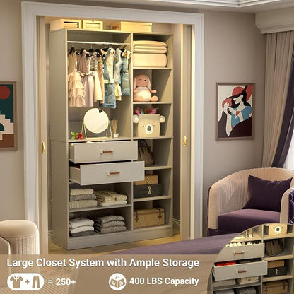 Armocity Freestanding Closet System, 40 Inches Stand-Alone Wardrobe with 10 Shelves, 80'' Height Adjustable Cloth Garment Rack with 2 Wood Drawers, Wood Walk-in Closet with Hanging Rod, Grey