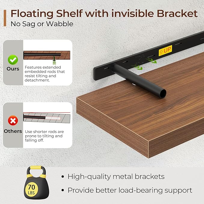 Fun Memories Floating Shelves for Wall 16 Inch Set of 3, Farmhouse Floating Shelves with Invisible Heavy Duty Bracket, 10 Inch Deep Bathroom Shelves for Storage, Living Room, Kitchen, Decor, Walnut