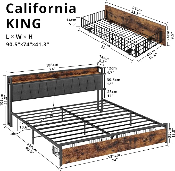 LIKIMIO California King Size Bed Frame with 2 Drawers and Charging Station | Platform Bed with Upholstered Storage Headboard, No Box Spring Needed, Easy Assembly, Sturdy, Industrial Brown and Gray
