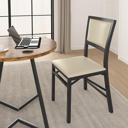 VECELO Folding Dining Chairs Set of 2, Metal Padded Foldable Seating with Comfortable Faux Leather, Space-Saving Portable Guest Seats for Kitchen & Office, No Assembly, Creamy Beige