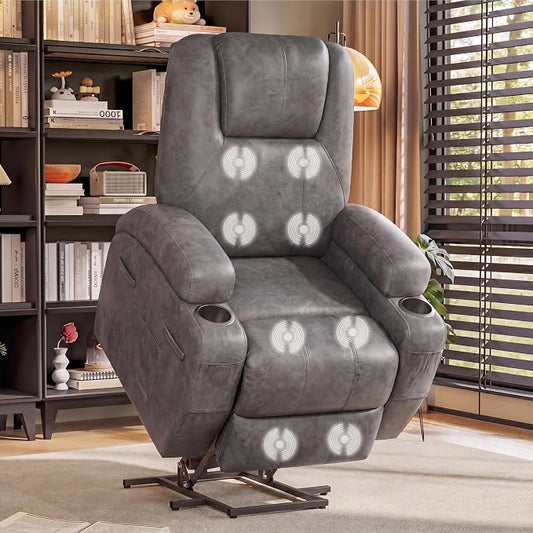 Flamaker Power Lift Recliner Chair Electric Lift Recliner for Elderly Power Lift Recliner Chair with Cup Holders Side Pockets for Living Room (Leathaire, Light Gray)
