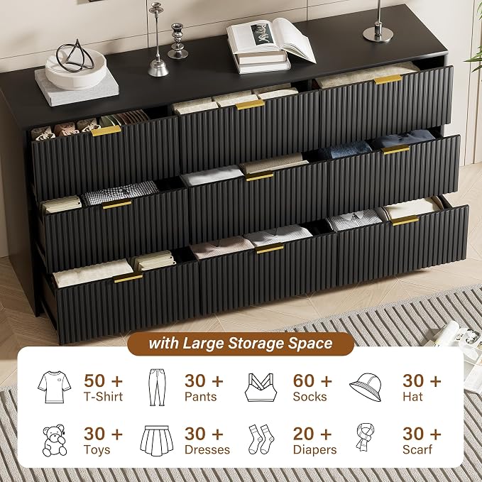 Furniway 3 Piece Bedroom Set, 9 Drawer Dresser and Nightstand Set of 2 with Gold Handles, Modern Wood Chest of Drawers Storage Cabinet for Bedroom, Black
