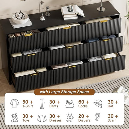 Furniway 3 Piece Bedroom Set, 9 Drawer Dresser and Nightstand Set of 2 with Gold Handles, Modern Wood Chest of Drawers Storage Cabinet for Bedroom, Black