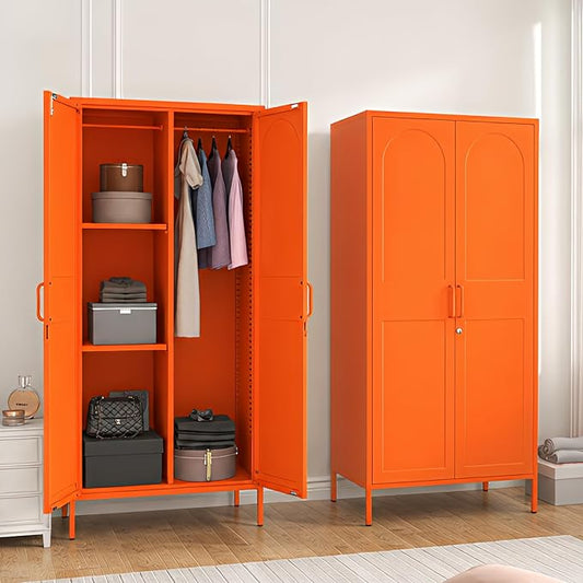 Metal Wardrobe with Lock 67"Clothing Steel Storage Cabinet Locker Hanging Rod And Adjustable Shelves 2 Doors Household kids wardrobe closet Lockers For Bedroom Home Orange Size:67"H X 31.5"W X 18.1"D