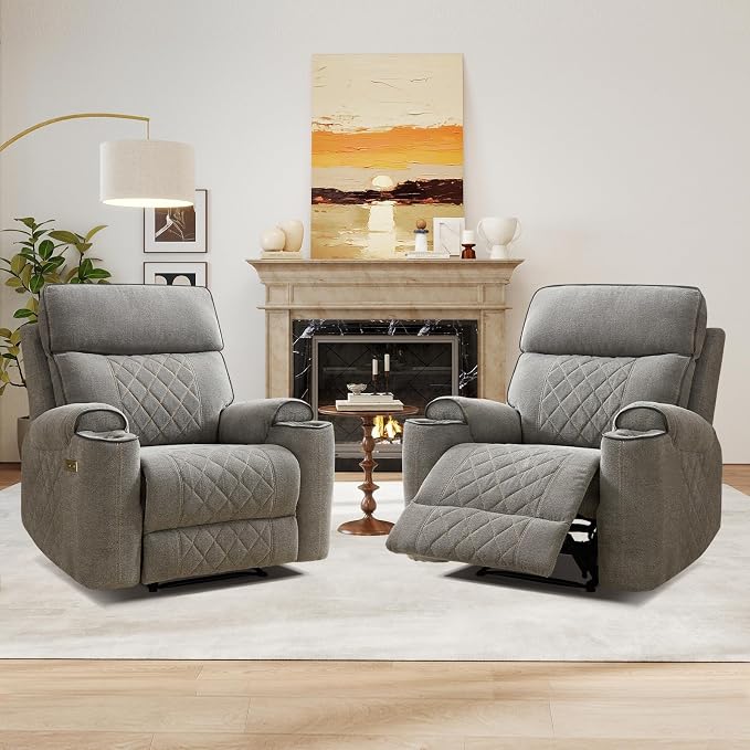 HAOMARKETS Electric Recliner Chair Set of 2, Soft Fabric Power Recliners with Metal Cup Holders, Single Overstuffed Heavy Duty Reclining Sofa Chairs for Living Room Bedroom, Light Grey