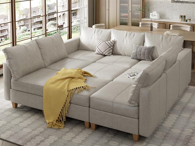 EASE MOOSE Modular Sleeper Sofa Sectional Couch with Storage, Faux Leather Modular Sofa Bed Sectional Sofa for Living Room Beach White