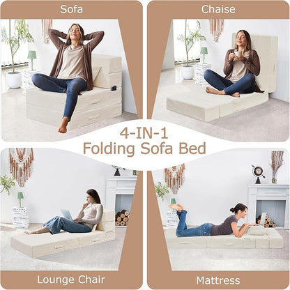 Folding Sofa Bed, 4 in 1 Convertible Sleeper Chair with Pillow, Single Memory Foam Fold Out Chair Bed, Modern Floor Futon Sofa Couch Mattress for Living Room/Guest/Apartment,Beige