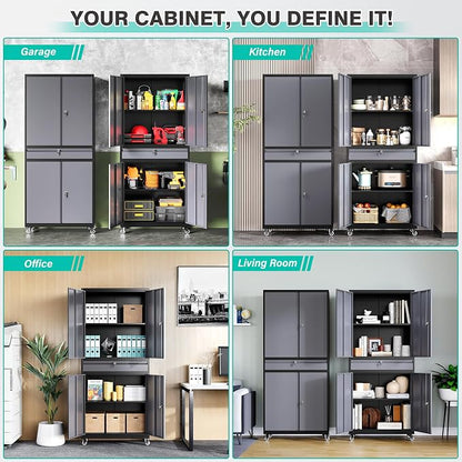Metal Garage Storage Cabinet with Wheels and Drawer,Gray Rolling Garage Cabinet with Locking Doors and Adjustable Shelves,73" Tall Mobile Metal Storage Cabinets on Wheels for Home,Office,Garages,Tool