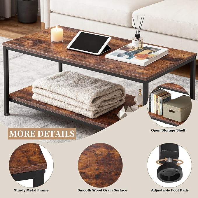 SUPER DEAL 2-Tier Coffee Table with Storage Shelf for Small Apartment Living Room, Rectangle Wood and Stable Metal TV Stand Side End Table, Rustic Brown