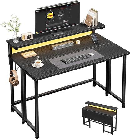 DurayLoly Folding Table with RGB Light for Small Space, 39.4" Folding Computer Desk for Space Saving Sofa Table for Couch, Home Work Office Desk with Monitor Stand, Easy to Fold with Hooks,Black
